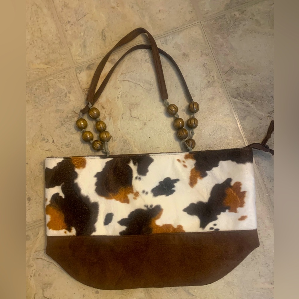Braciano cow print purse with beaded handles